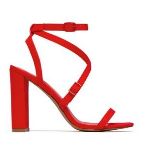 Strappy Faux Suede Block Heels in Red - Picture 2 of 9